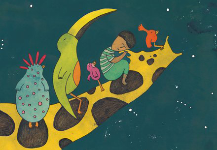 Ilustración de Rumba. La jirafa que volaba al bostezar
