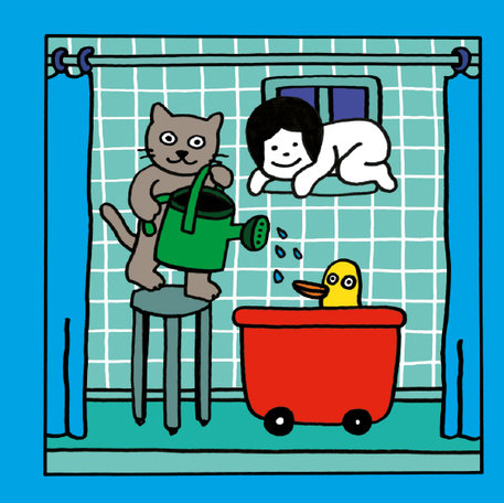 Ilustración de Niña Gato Agua Pato