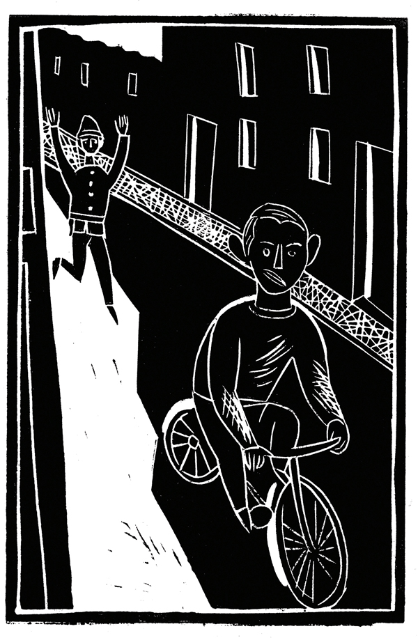 Ilustración de Delibes en bicicleta