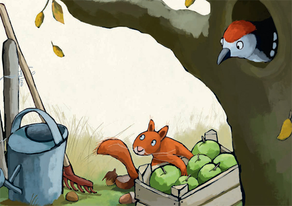 Ilustración de Cinco avellanas para Ardilla