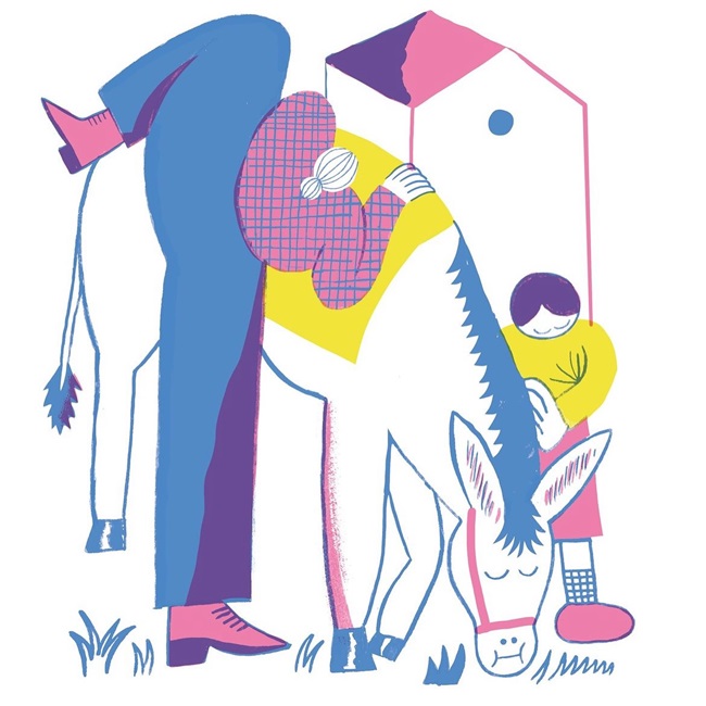 Ilustración de Abuela, nieto y burro