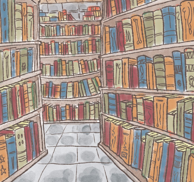 Ilustración de Una librería en el bosque