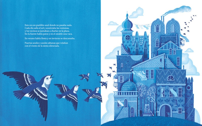 Ilustración de En un pueblito azul donde no pasaba nada
