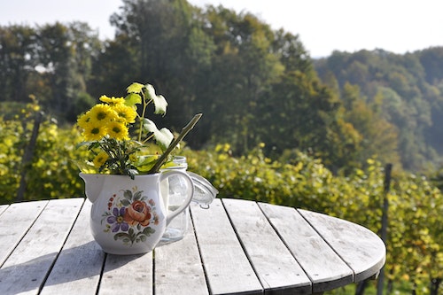 yellow flowers in teapot vase on wooden table outside