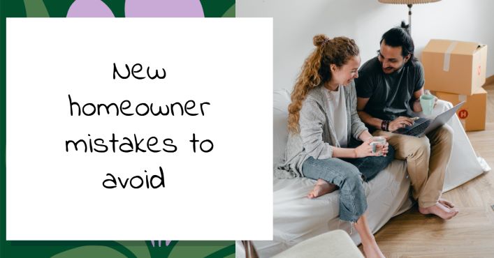 new homeowner mistakes to avoid article featured image two people sitting on covered furniture with laptop and mugs boxes in the background