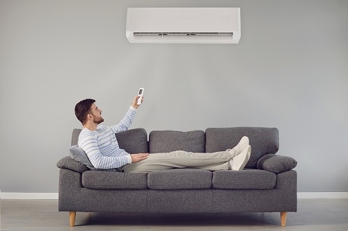 Photo of a man on the couch under an AC unit