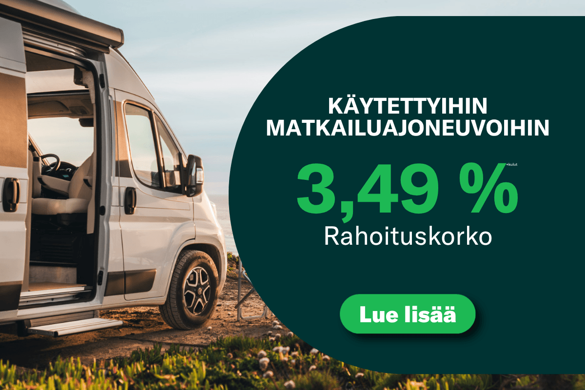 Kaikkiin käytettyihin matkailuajoneuvoihin 3,49 % rahoituskorko (+kulut).