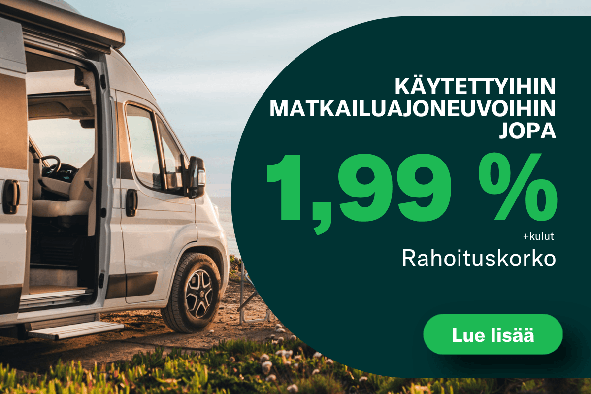 Käytettyihin matkailuajoneuvoihin korko jopa 1,99 % + 3kk lyhennysvapaa