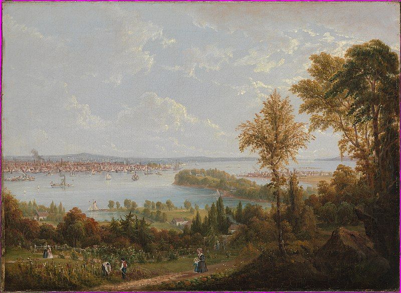 Old painting of the view of the Bay and City of New York from Weehawken. Southern Manhattan sits as an island, ships in the water, green grass and hills with a blue sky. An old Hoboken sits in the distance.