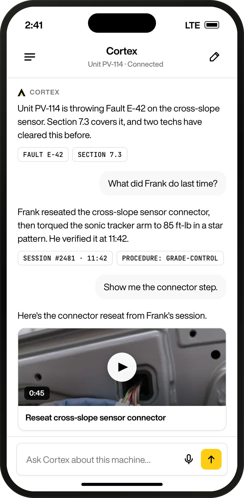 Cortex chat answering what a technician did on this machine last time