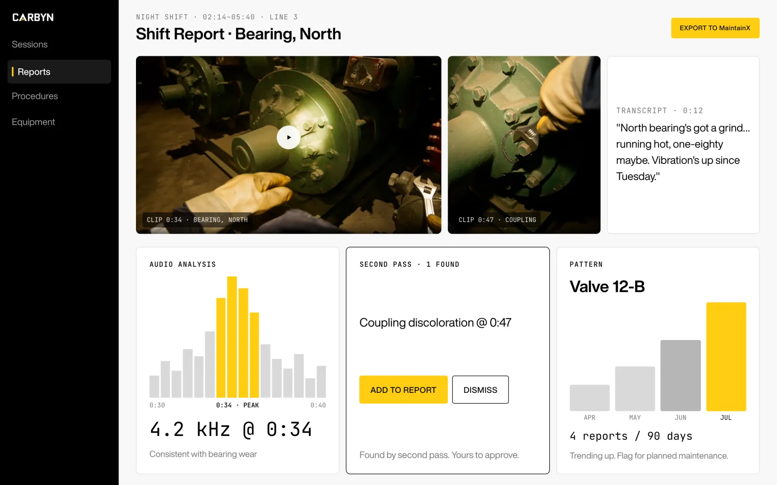 Carbyn workspace: a filed logistics report with clips, transcript, and export
