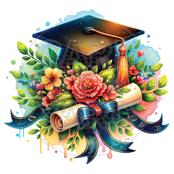 Graduation: Grad Cap with Bright Florals Navy Bow Diploma