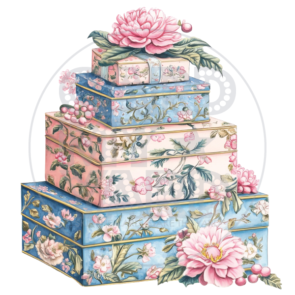Birthday Present: Stack of Fancy Pastel Packages with Flower Print
