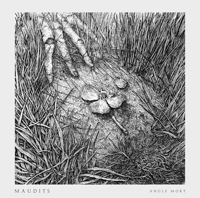 Maudits – "Angel Mort" album cover (Pencil drawing of a hand grapping a flower in the high grass)