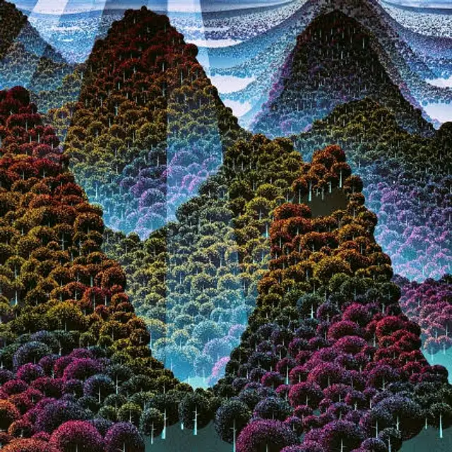 Album cover Wang Wen – "100,000 Whys": A picture of mountains with trees of different colours.