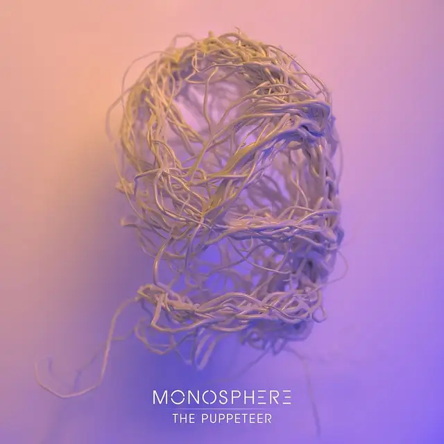 Monosphere - "The Puppeteer"  cover image (An abstract face build of white cables on a pink background)