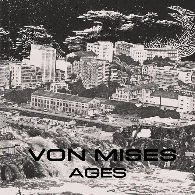 Platten-Cover Von Mises – "Ages": Eine angedeutete Stadt mit Hochhäusern im Sepia-Ton