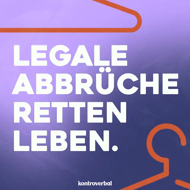 Text im Bild: "kontroverbal – Legale Abbrüche retten leben". Die Schrift ist weiß auf einem lilafarbenen Hintergrund mit Verlauf, eingerahmt von zwei orangefarbenen Schleifen.