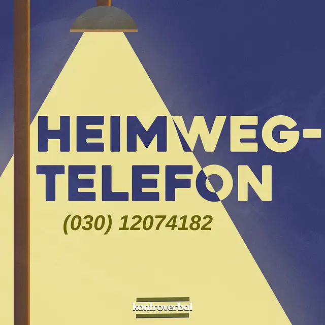 Text im Bild: "Heimweg-Telefon: (030 12074182)". Der Text steht auf einem dunkelblauen Hintergrund, auf den eine gelb leuchtende Straßenlaterne in grau und braun gezeichnet ist.