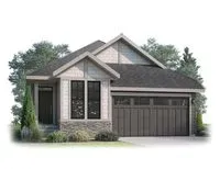 The text says One and two-bedroom options. The picture shows this home's shingle-style elevation with light-coloured siding and shakes and stone accents. This is for the Juniper 2, a bungalow in Shawnee Park by Cardel Homes.