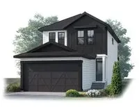 The picture shows this home's farmhouse elevation with white clapboard siding and black board and batten siding.  This is for the Moda 2, a two-storey home in Fireside by Cardel Homes.