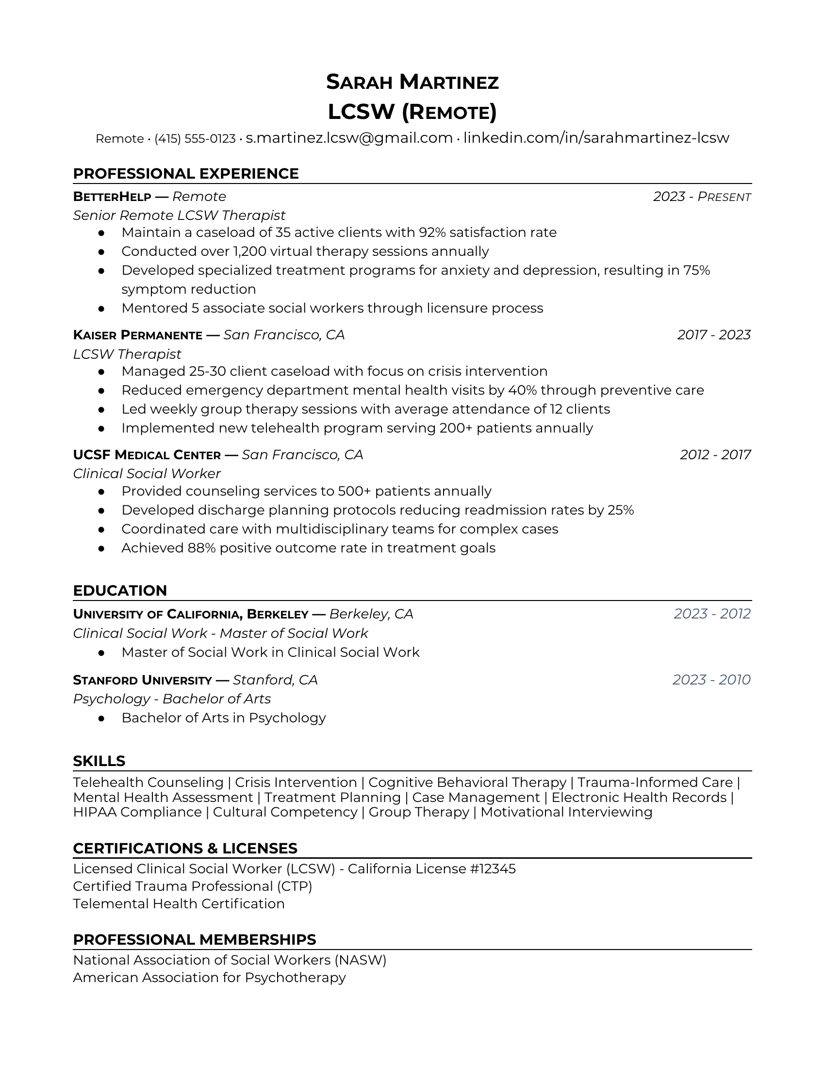 LCSW (Remote) in Healthcare Resume Examples & Tips for 2025 | Careerday