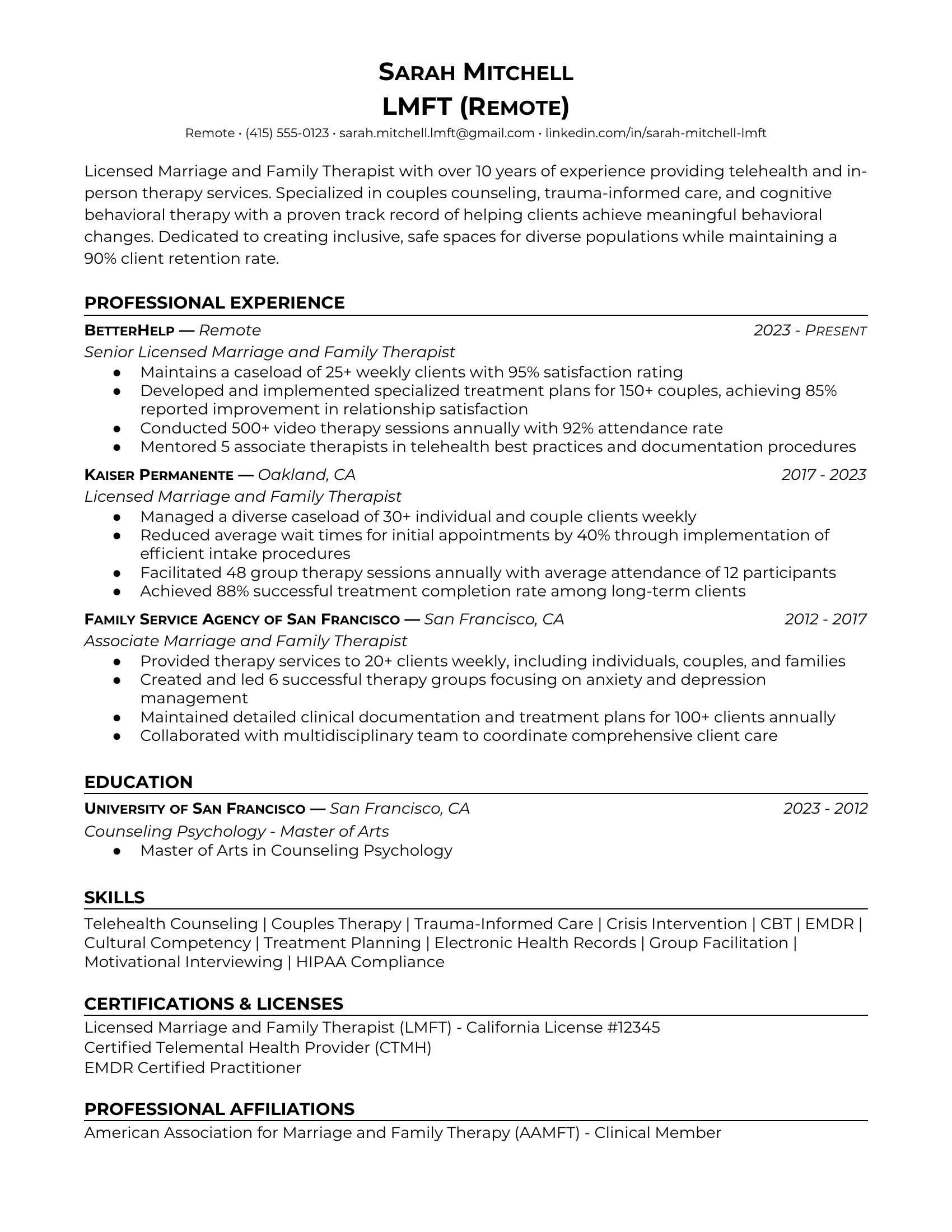 LMFT (Remote) in Healthcare Resume Examples & Tips for 2025 | Careerday