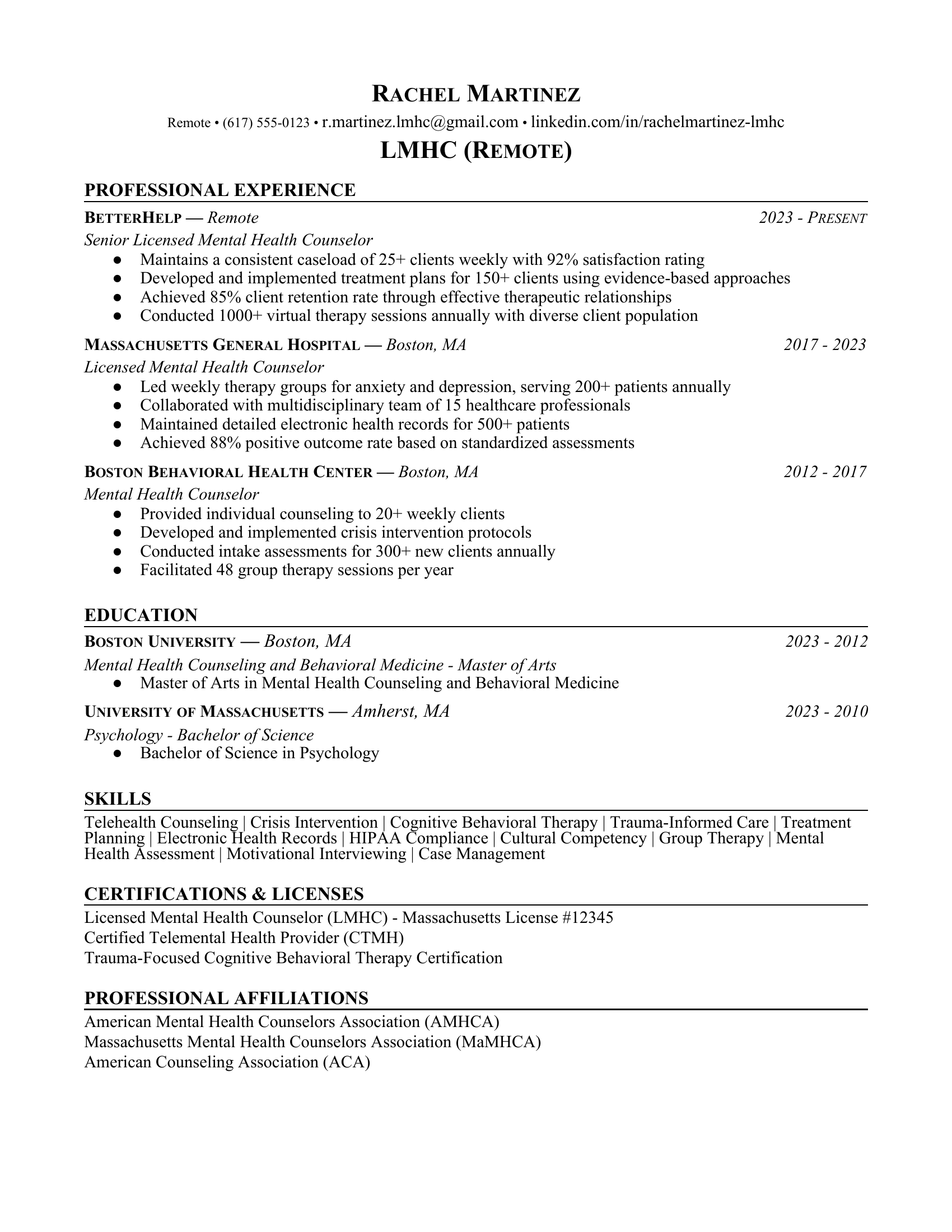 LMHC (Remote) in Healthcare Resume Examples & Tips for 2025 | Careerday