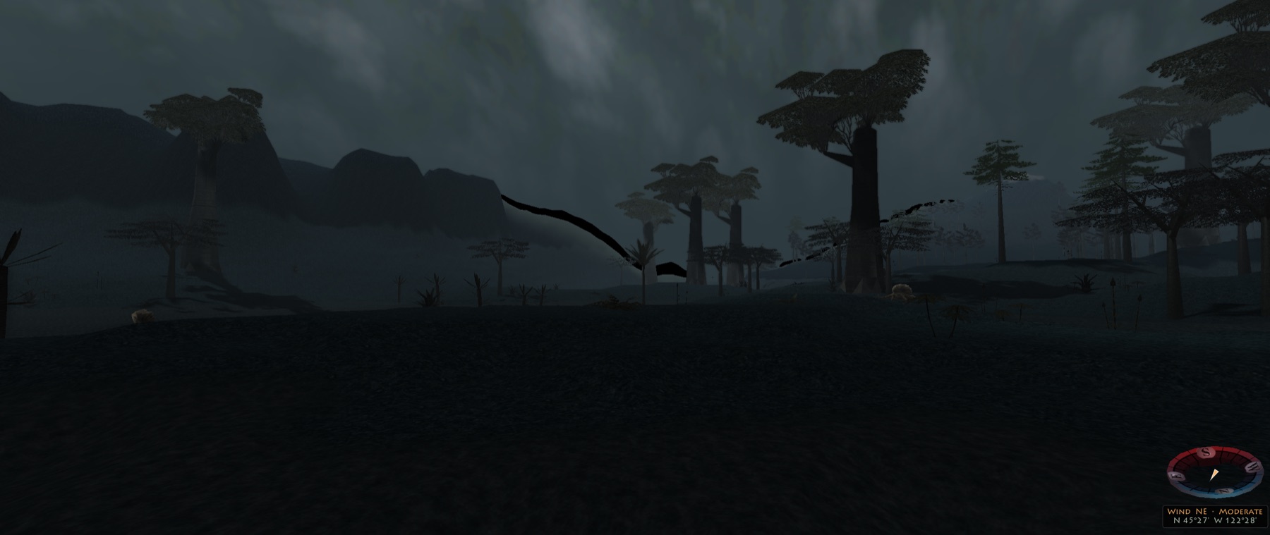 Night landscape in heavy mist with pterosaurs overhead