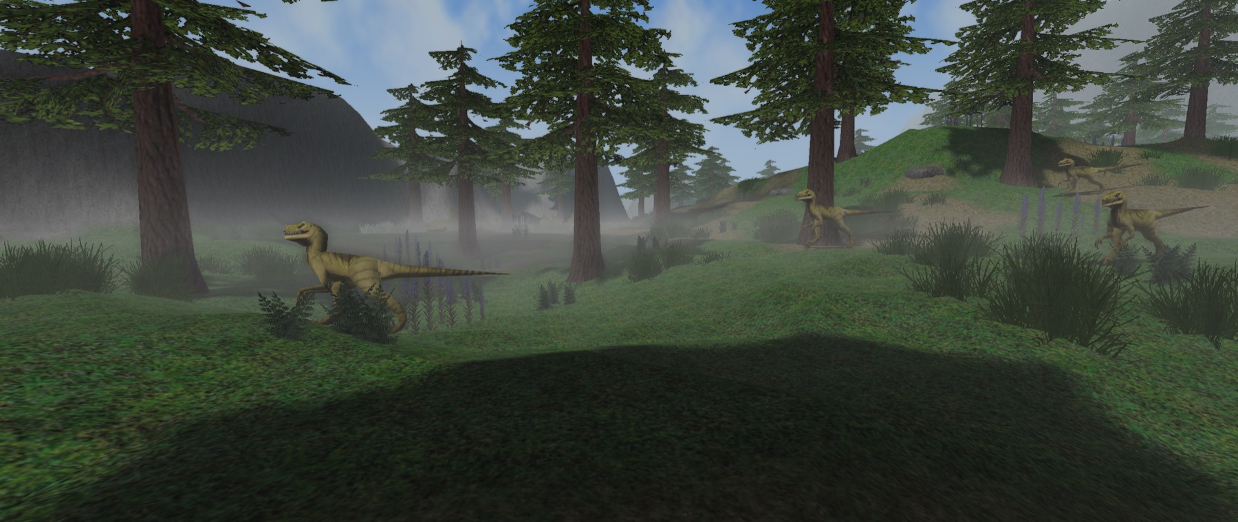 A pack of raptors moving through misty forest