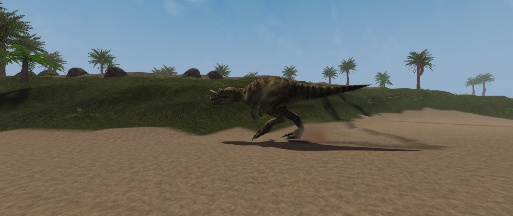 A large carnivore running across open sand