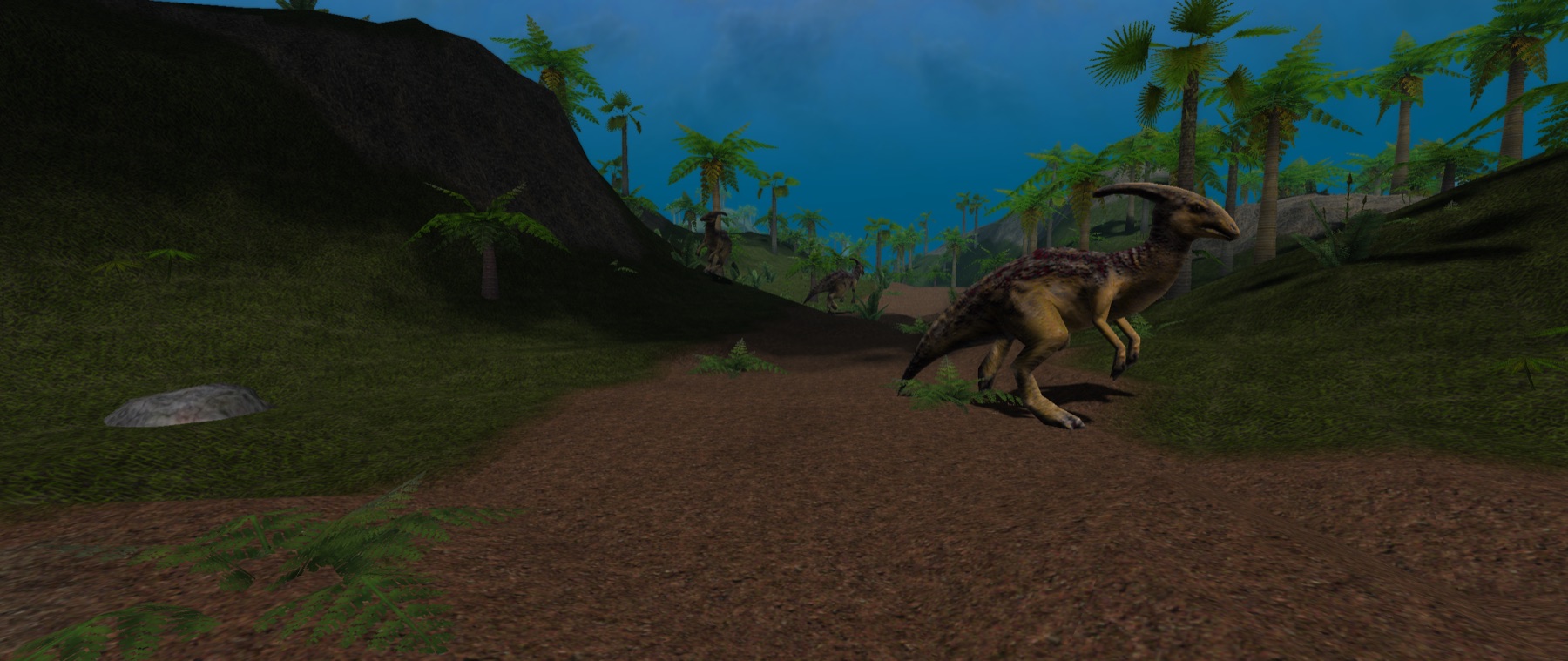 A hadrosaur on a trail at dusk