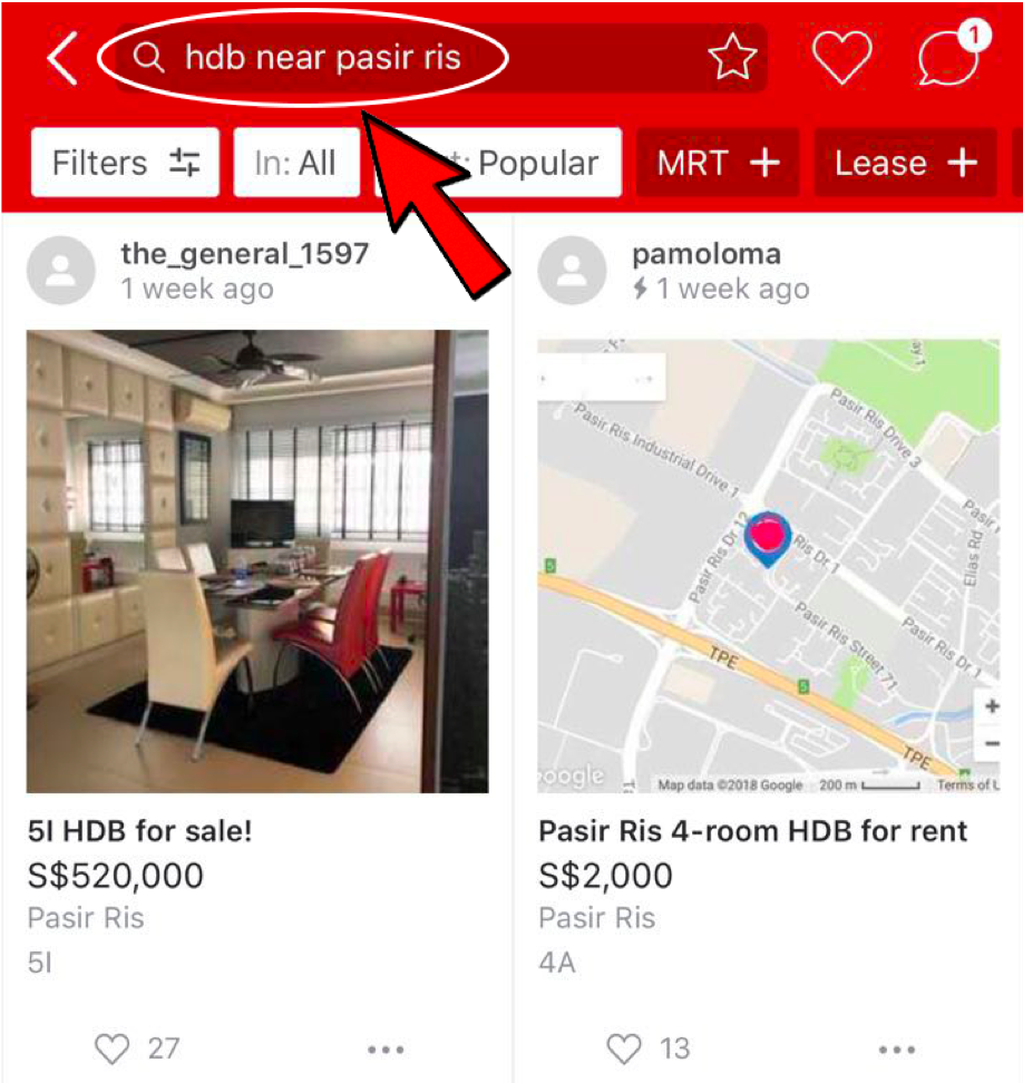 Searching for HDBs near MRT on Carousell
