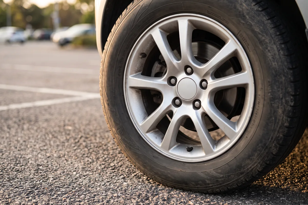 駐車場に停めた車のタイヤとホイール