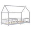 Cama Para Niños En Forma De Casa Con Reja Protectora Madera De Pino 207 X 96 X 140 Cm Chapa De Madera Gris Claro Blanco Mate Lacado [en.casa]