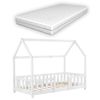 Cama Para Niños De Madera Pino Sisimiut Con Colchón Ortopédico - 70 X 140 Cm - Cama Infantil Con Reja Protectora - Forma De Casa - Casita - Blanco Lacado Mate [en.casa]®