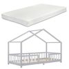 Cama Para Niños De Madera Pino Treviolo Con Colchón De Espuma Fría 90 X 200 Cm Cama Infantil Con Reja Protectora Casita Forma De Casa Gris Oscuro Blanco Lacado Mate [en.casa]®