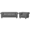 Conjunto De Sofás Chesterfield Tapizado En Tela Gris Patas De Madera Oscura Sofá 3 Plazas + Sillón Estilo Clásico Chesterfield - Gris