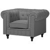 Conjunto De Sofás Chesterfield Tapizado En Tela Gris Patas De Madera Oscura Sofá 3 Plazas + Sillón Estilo Clásico Chesterfield - Gris