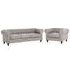 Juego De Sala De Estar Chesterfield Tapizado En Tela Gris Claro Patas De Madera Oscura Sofá De 3 Plazas + Sillón Chesterfield - Gris