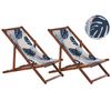 Conjunto De 2 Tumbonas De Jardín De Madera De Acacia Oscura Azul Beige Blanco Hojas De Palma Reclinable Plegable Anzio - Azul