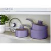 Retro Batería Cocina 3 Cazos 16-18-20cm, Tapas Vidrio, Inducción Antiadherente Cerámica Vintage Morado  Swan Swps3020purn