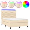 Cama Doble | Cama Para Adultos | Cama Box Spring Colchón Y Luces Led Tela Crema 140x190 Cm Cfw8172505