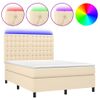 Cama Doble | Cama Para Adultos | Cama Box Spring Colchón Y Luces Led Tela Crema 140x200 Cm Cfw5246009