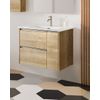 Mueble De Baño Suspendido Con Lavabo Cerámico | 2 Cajones Y Puerta Lateral Con Cierre Amortiguado Y Organizador | 80 Cm Roble Natural - Tirador Cromo Brillo