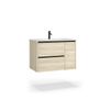 Mueble De Baño Suspendido Con Lavabo Cerámico | 2 Cajones Y Puerta Lateral Con Cierre Amortiguado Y Organizador | 80 Cm Roble Natural - Tirador Negro