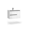 Mueble De Baño Suspendido Con Lavabo Cerámico | 2 Cajones Y Puerta Lateral Con Cierre Amortiguado Y Organizador | 70 Cm Blanco Brillo - Tirador Negro