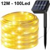 Tira De Luces Led Solares Impermeables Con Manguera De Luz Y Panel Solar Waterproof (12 Metros - 100 Led, Blanco Calido)