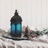 Ethnic Lantern Vidrio Metal Azul Negro Interno Externo 32x16x14 Rebecca Mobili