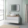 Mueble De Baño Suspendido Blanco Brillante Con Encimera De Roble De 100 Cm, Lavabo Sobre Encimera Y Espejo Led